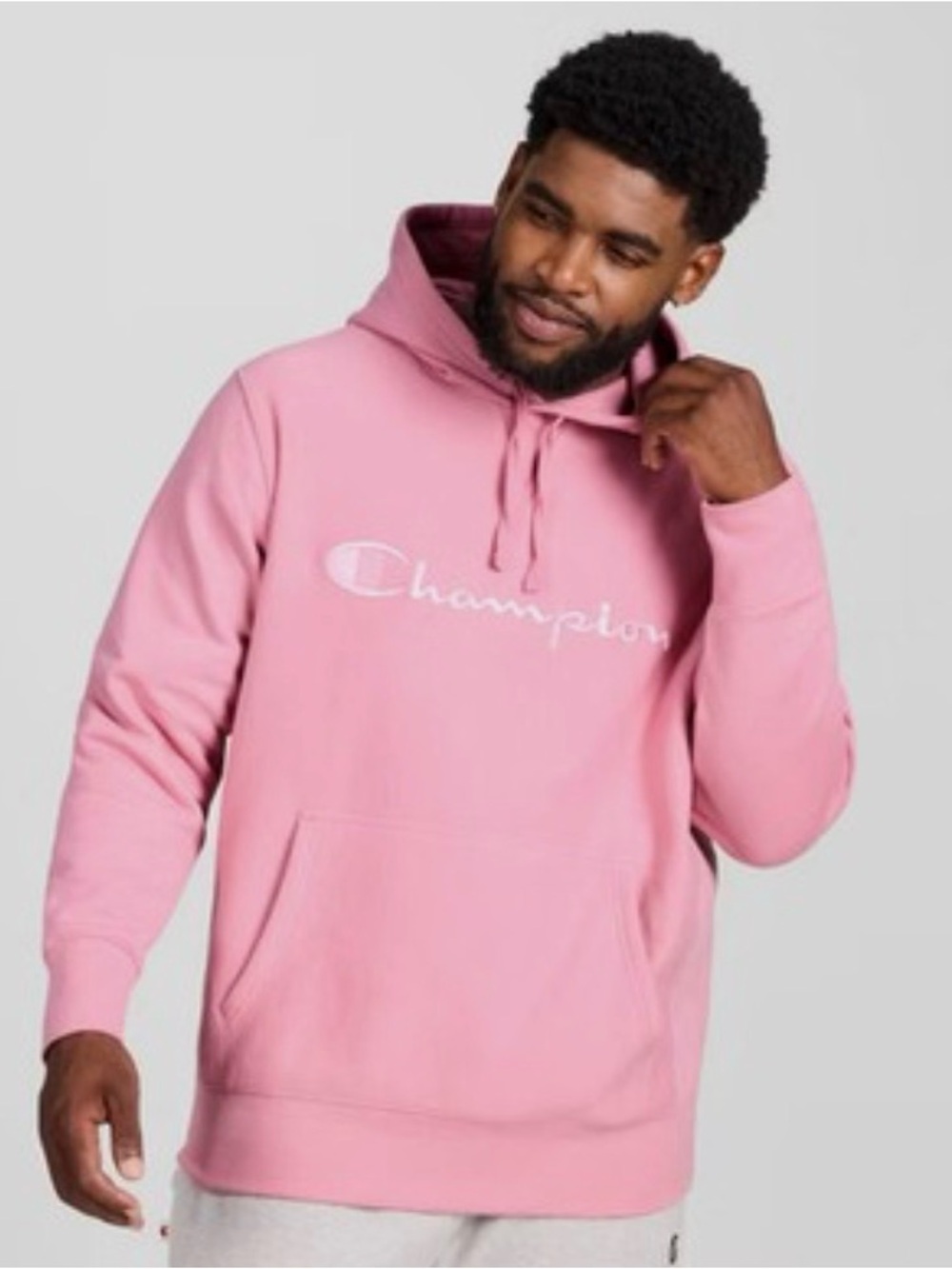 Champion Men's Pink Script Logo Pullover Hoodie